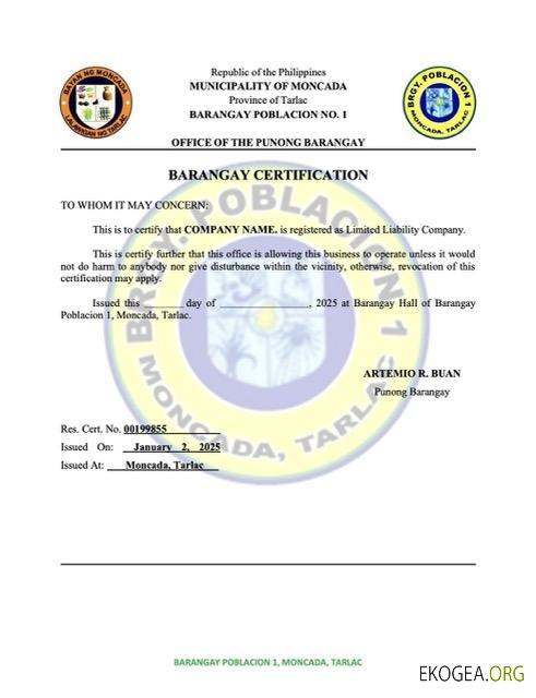 Certification d'inscription aux Philippines Barangay Modèle Word et PDF